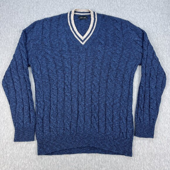 Walker Slater V-Neck Cableknit Sweater Mens M Blue Long Sleeve Linen Cotton